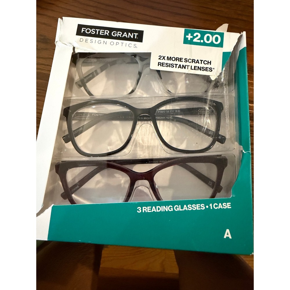 Foster Grant Design Optics Classic Reading Glasses +2.00  3 Pack NEW with case